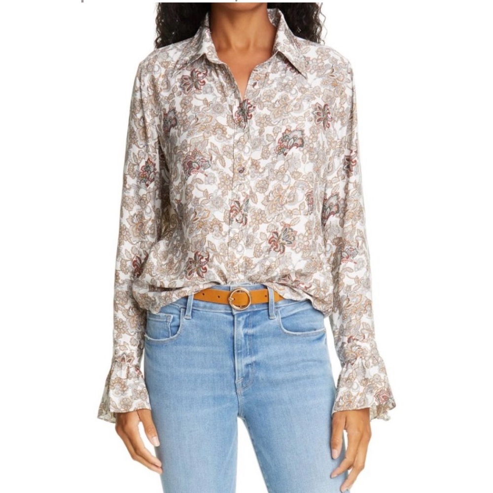 Frame Denim 70s Ruffled Printed Silk Crepe De Chine Shirt Size Small
